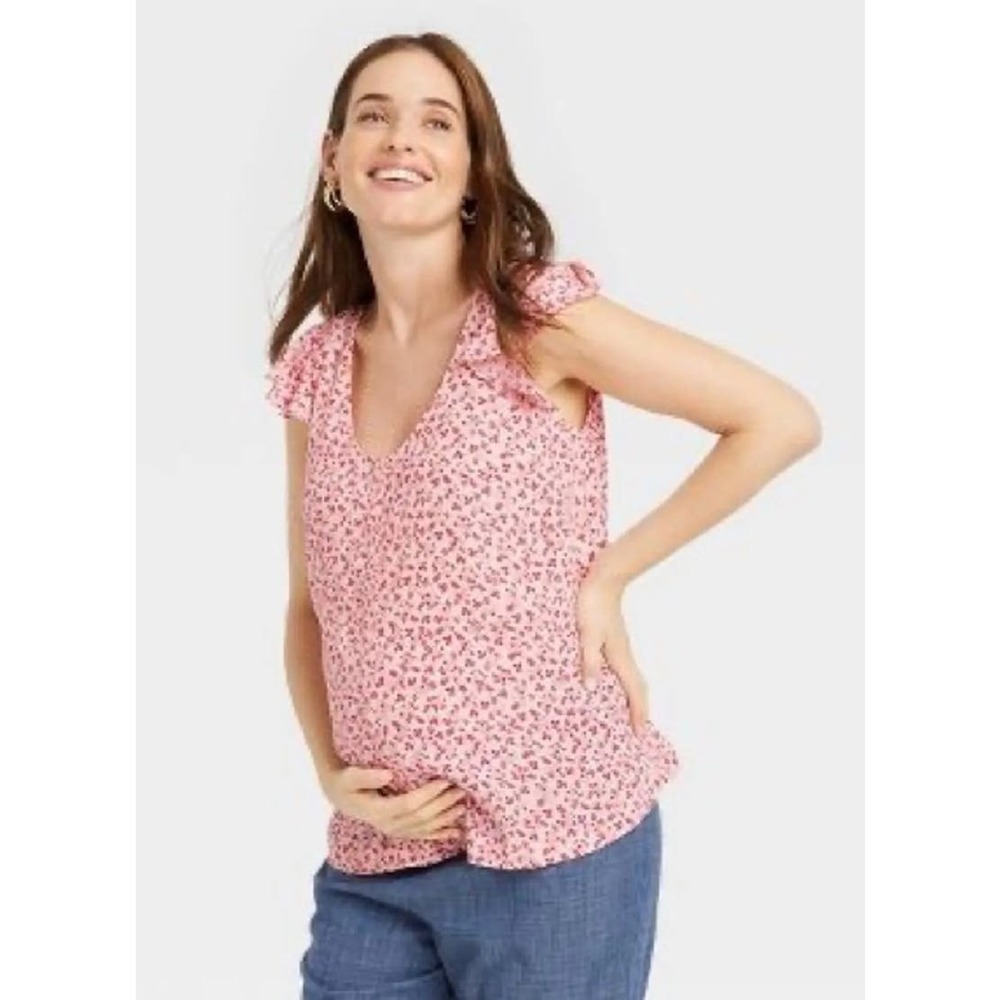 The Nines by HATCH Flutter Short Sleeve Maternity Blouse Pink Floral SZ Lg